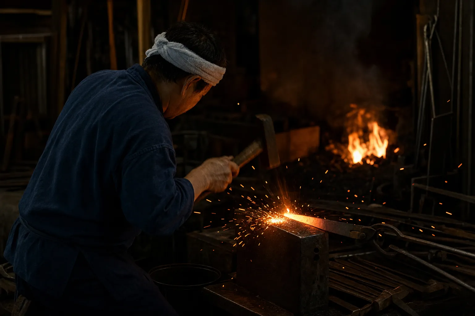 暗い鍛冶場で、火花を散らしながら赤熱した鋼を鎚で打つ職人