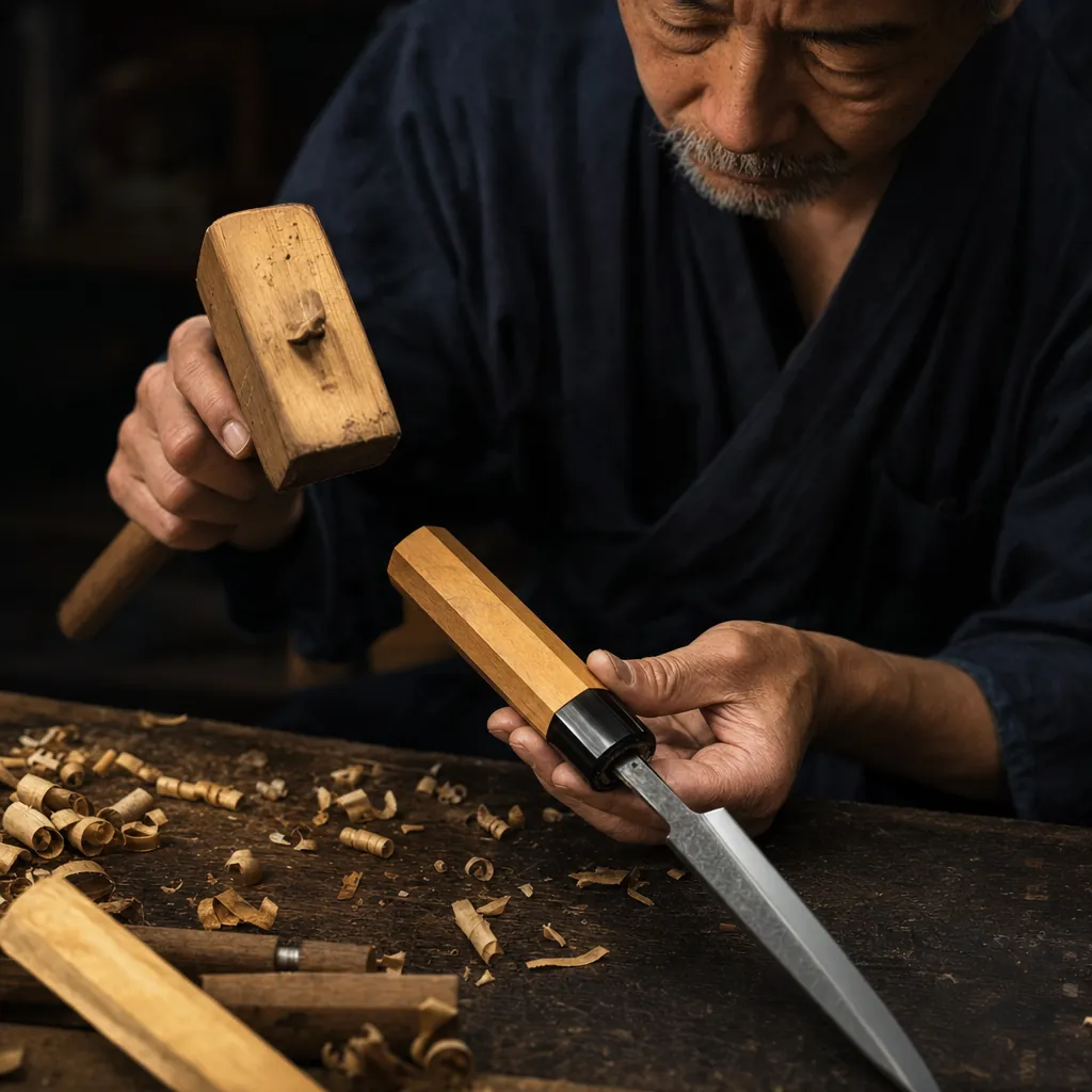 仕上がった刃に朴の八角柄を据え付ける職人の手元